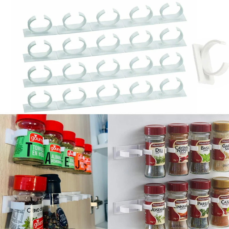 Wall Mount Spice Rack Organizer - Plastic Clip Holder for Kitchen Jars & Seasoning Bottles (1/4 Pcs) - Hom Haven