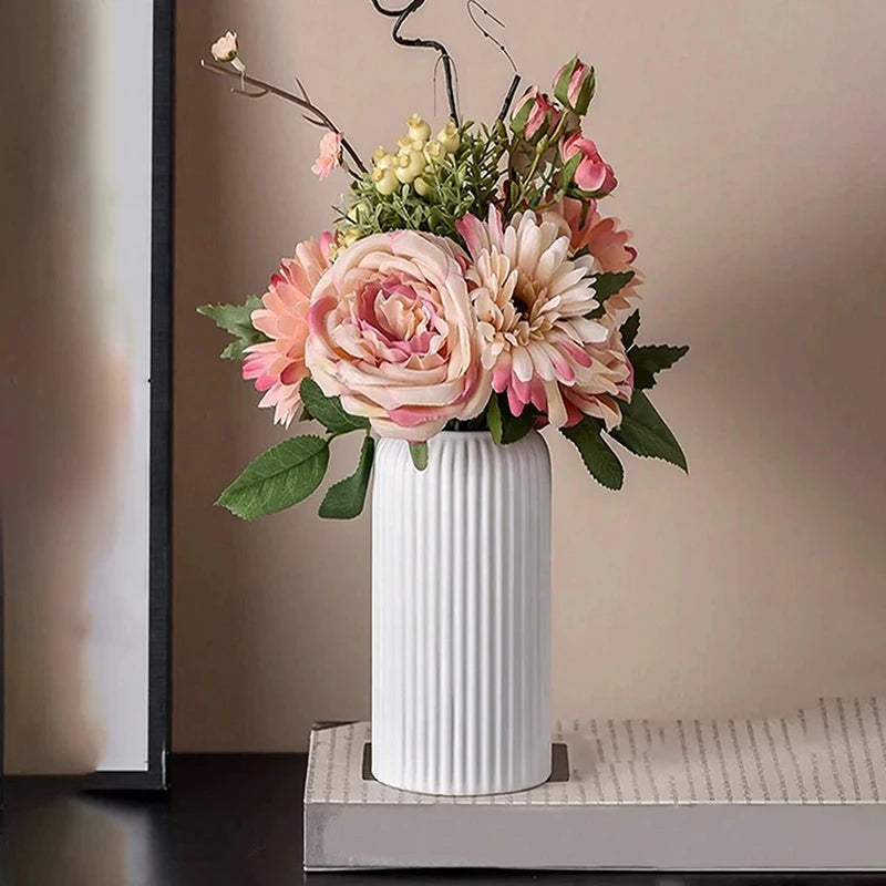 Striped Ceramic-Like Plastic Vase - Creative Decorative Flower Vase for Floral Arrangements & Home Decor - Hom Haven