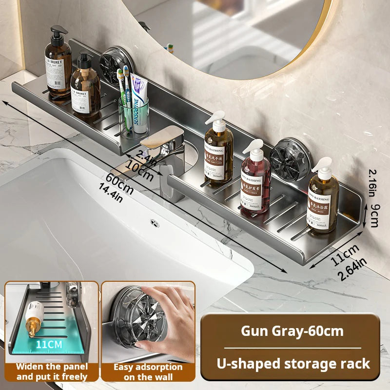 Suction Cup Wall-Mounted Bathroom Shelf - No-Drill Mirror Front Washbasin Storage Rack - Hom Haven