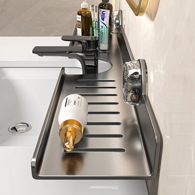 Suction Cup Wall-Mounted Bathroom Shelf - No-Drill Mirror Front Washbasin Storage Rack - Hom Haven