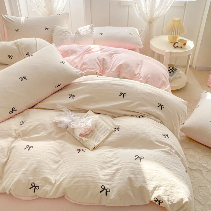 3 Piece Sheet Set  pink bowknot embroidery duvet cover Set ， comfortable Bedding Set Bedspread for All Season