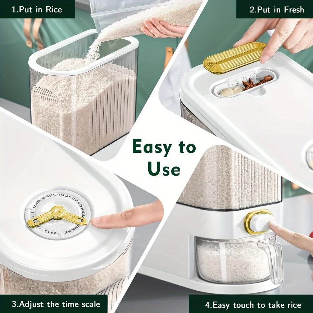 5kg/10kg Rice Dispenser - Large Pantry Storage Container with Measuring Cup & Time Markings