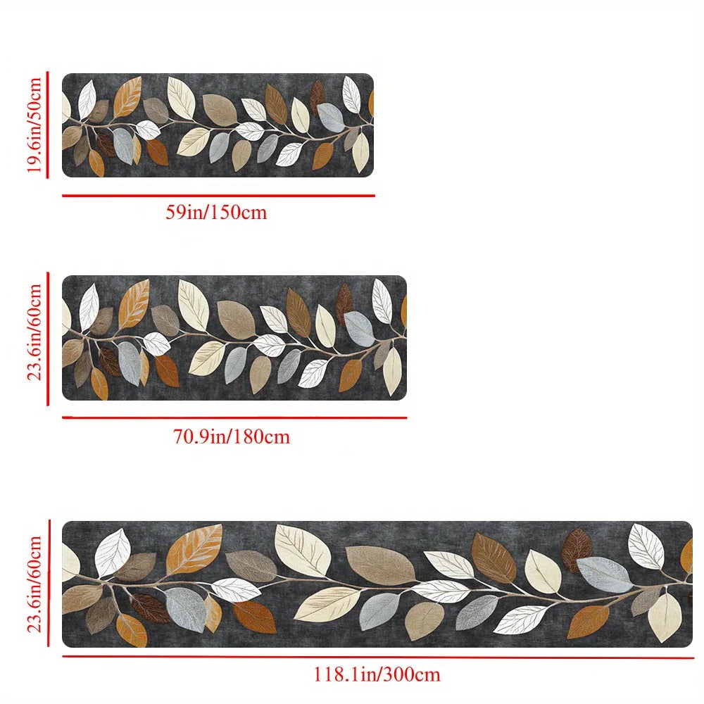 VIKAMA Leaf Pattern Gradient Grey Kitchen Rug - Waterproof Doormat & Bedroom Runner Carpet