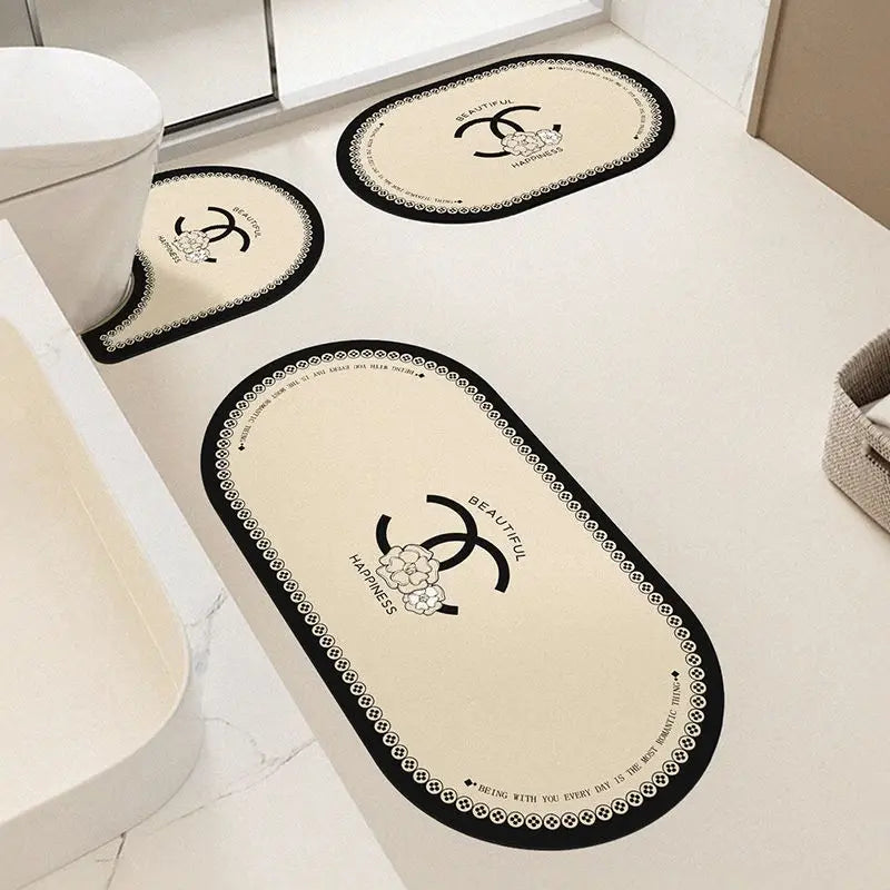 VIKAMA Luxury Bath Mat - Beige/Black Floral, Non-Slip, Super Absorbent with "BEAUTIFUL" Print for Master/Guest Bathroom