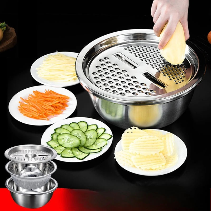 3 PCs Stainless Steel Vegetable Slicer Set with Drain Basket