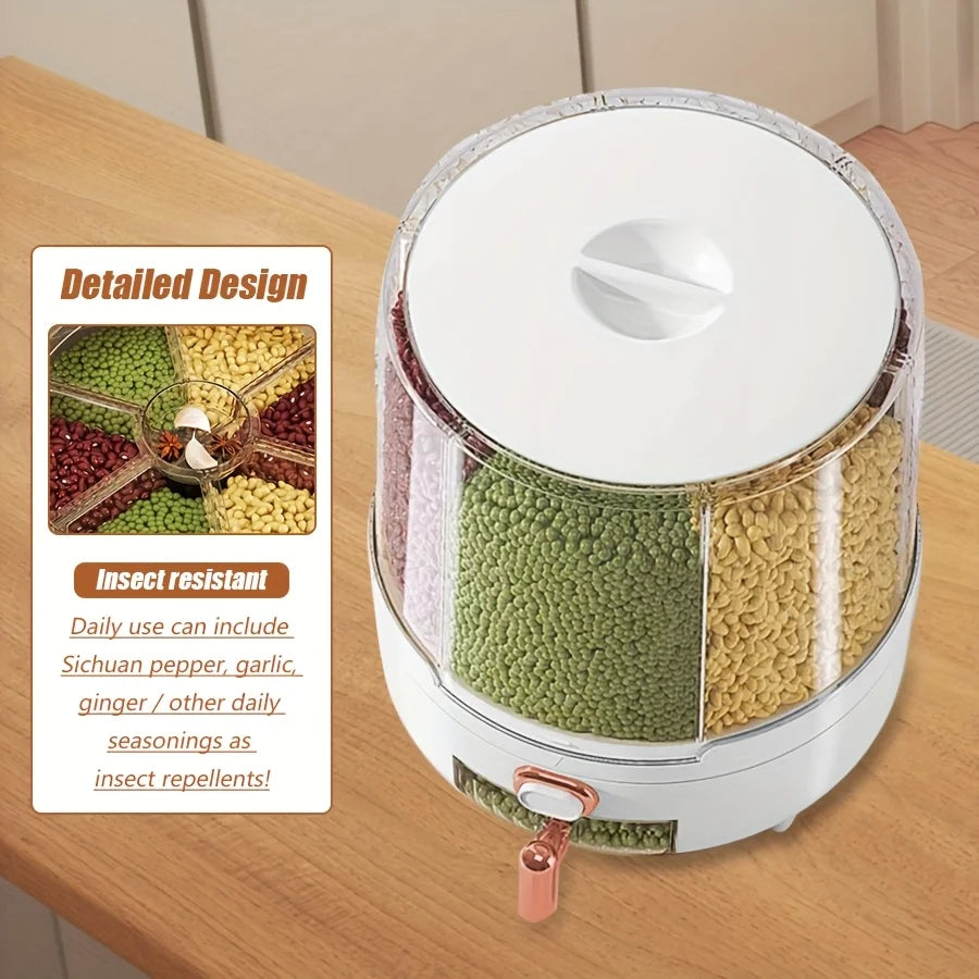 6-Compartment 360° Rotating Airtight Food Storage Container - Moisture-Proof Pantry Organizer for Cereal, Candy & Rice