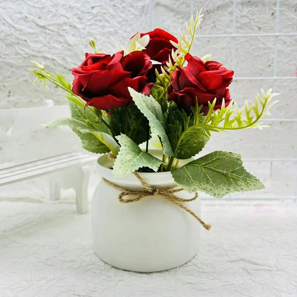 3-Rose Artificial Potted Plant - Realistic Fake Flower Miniscape with Vibrant Colors for Home Decor