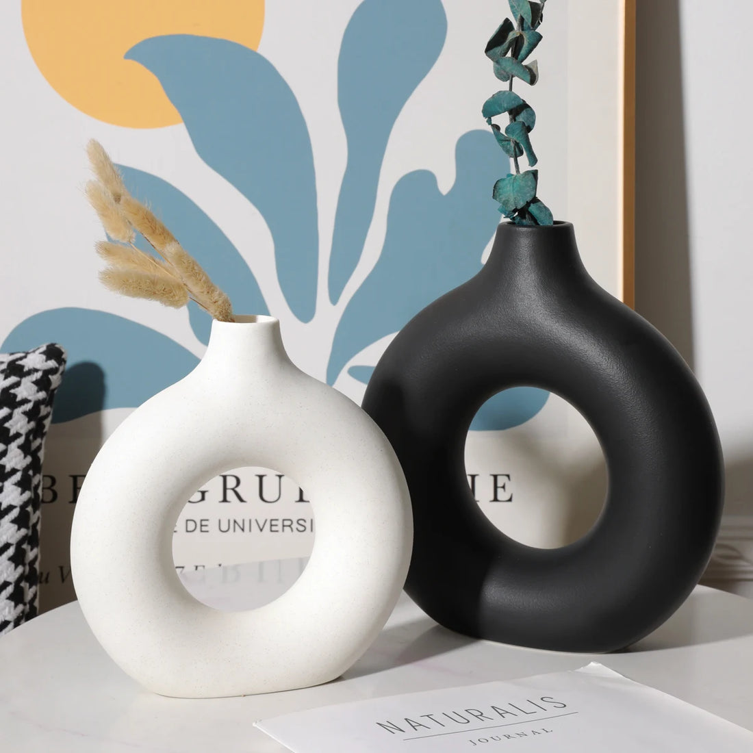 Nordic Circular Hollow Ceramic Donut Vase - Decorative Flower Pot for Living Room, Office & Desktop Decor