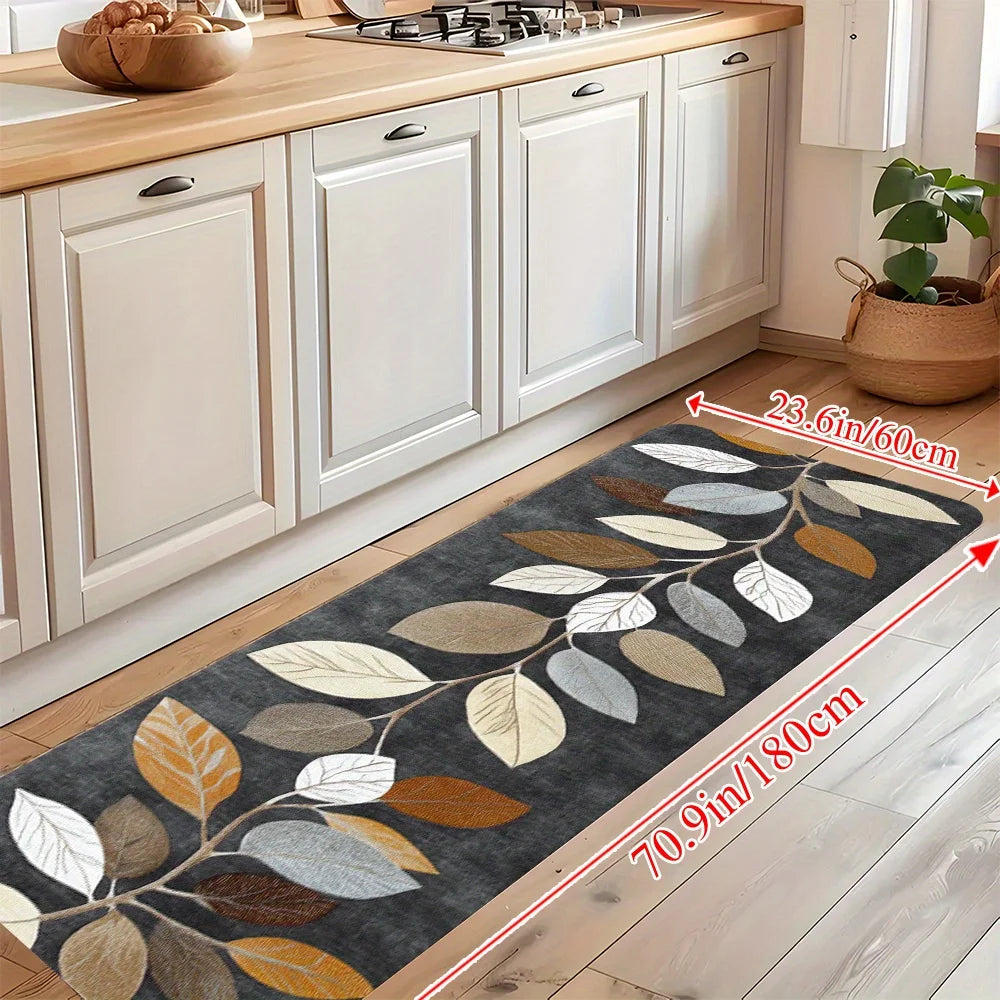 VIKAMA Leaf Pattern Gradient Grey Kitchen Rug - Waterproof Doormat & Bedroom Runner Carpet
