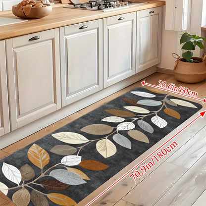VIKAMA Leaf Pattern Gradient Grey Kitchen Rug - Waterproof Doormat & Bedroom Runner Carpet - Hom Haven