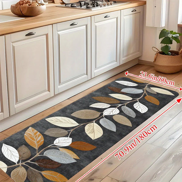 VIKAMA Leaf Pattern Gradient Grey Kitchen Rug - Waterproof Doormat & Bedroom Runner Carpet - Hom Haven