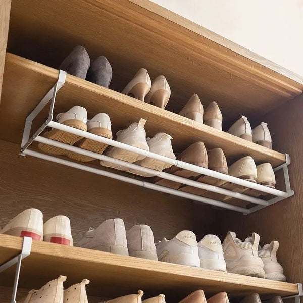 Adjustable Space-Saving Shoe Rack - Under-Shelf Shoe Holder with Hanging Basket for Wardrobe & Closet - Hom Haven