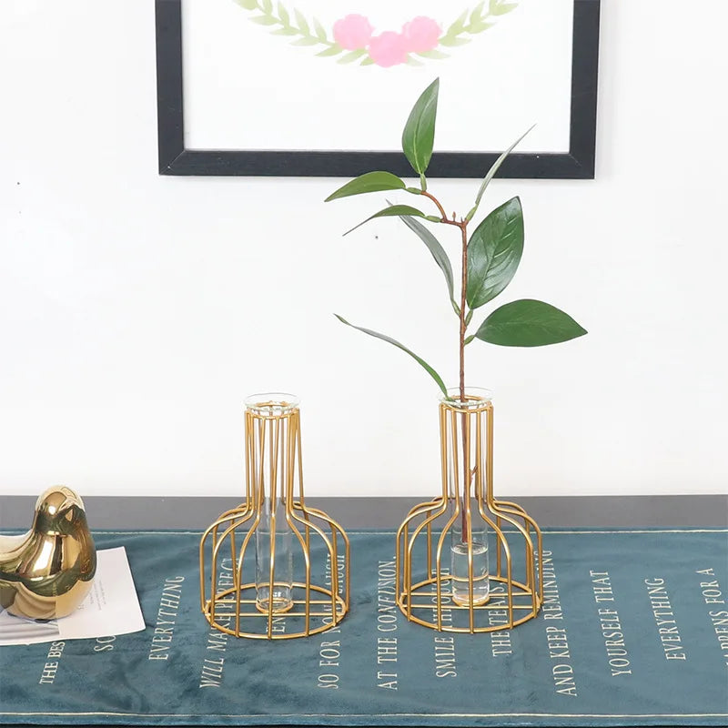 Nordic Iron Golden Hydroponic Vase - Living Room Table Top Decoration for Dried Flowers & Green Plants - Hom Haven