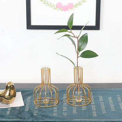 Nordic Iron Golden Hydroponic Vase - Living Room Table Top Decoration for Dried Flowers & Green Plants - Hom Haven