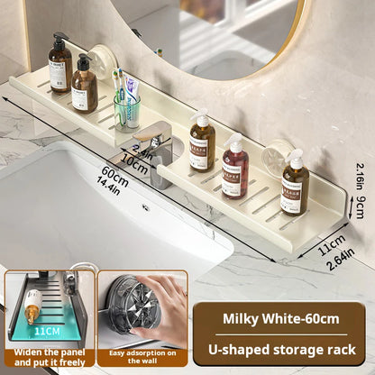 Suction Cup Wall-Mounted Bathroom Shelf - No-Drill Mirror Front Washbasin Storage Rack - Hom Haven