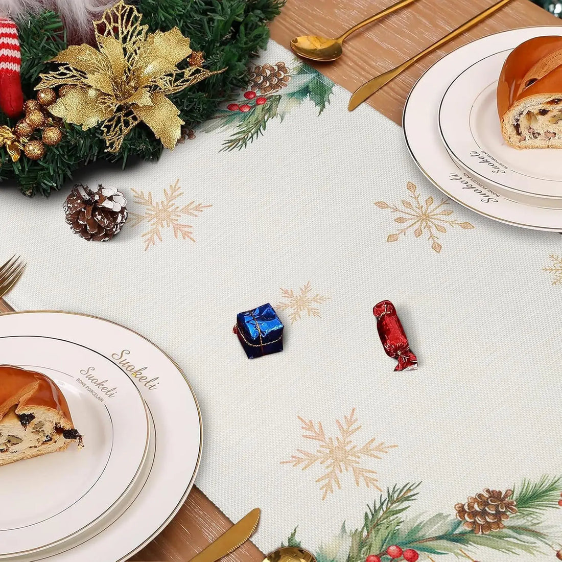 Christmas Snowflakes Xmas Trees Holly Table Runner Party Decor Winter Holiday Kitchen Dining Table Runner Christmas Decorations