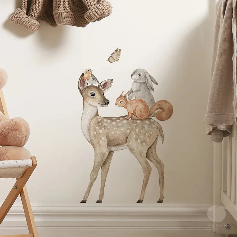 Cartoon Animal Sika Deer Fox Rabbit Room Background Decorative Wall Stickers Room Decoration