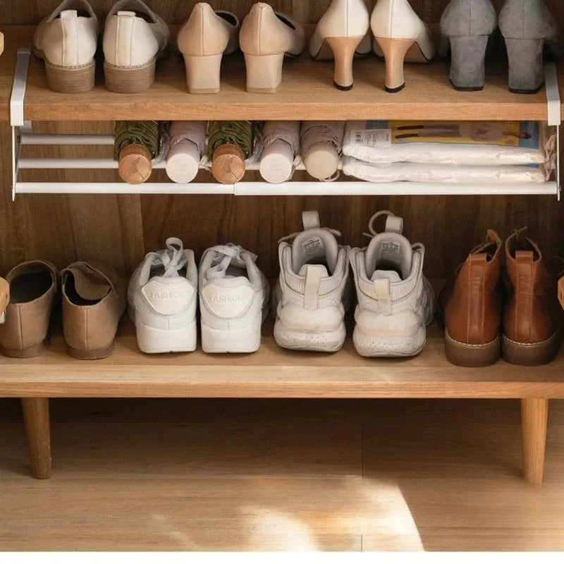 Adjustable Space-Saving Shoe Rack - Under-Shelf Shoe Holder with Hanging Basket for Wardrobe & Closet - Hom Haven