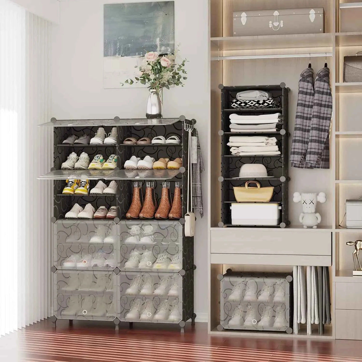 36-Grid Stackable Modular Shoe Rack - Clear Adjustable Organizer for Sneakers & Heels - Hom Haven