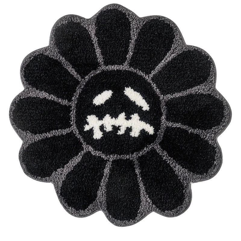 Smiling Face Tufted Round Rug - Retro Rainbow Flower Art Rug for Bedroom, Bathroom & Living Room