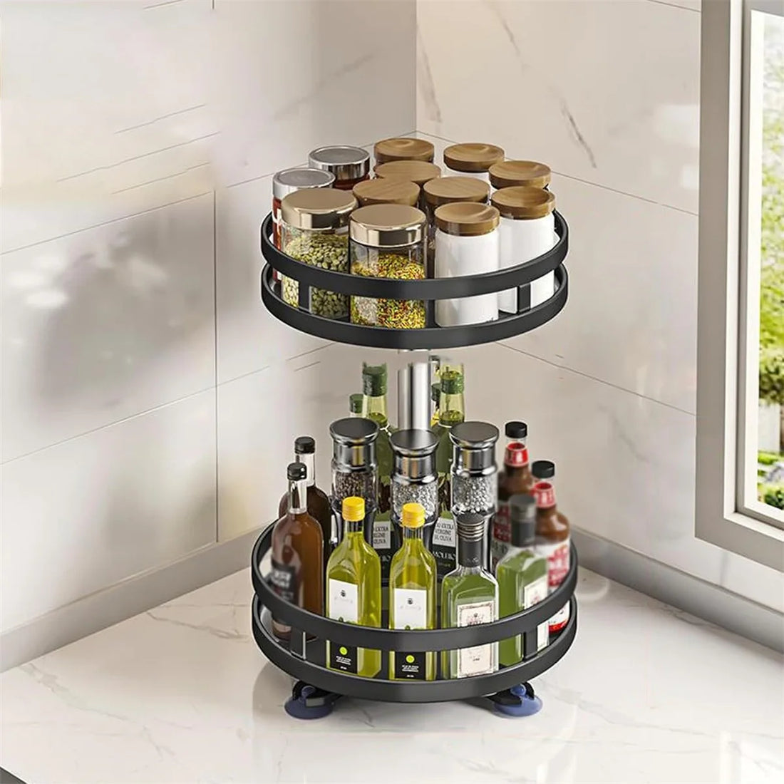 360° Rotating Spice Rack Organizer - Non-Skid Carbon Steel Seasoning & Jar Storage Tray