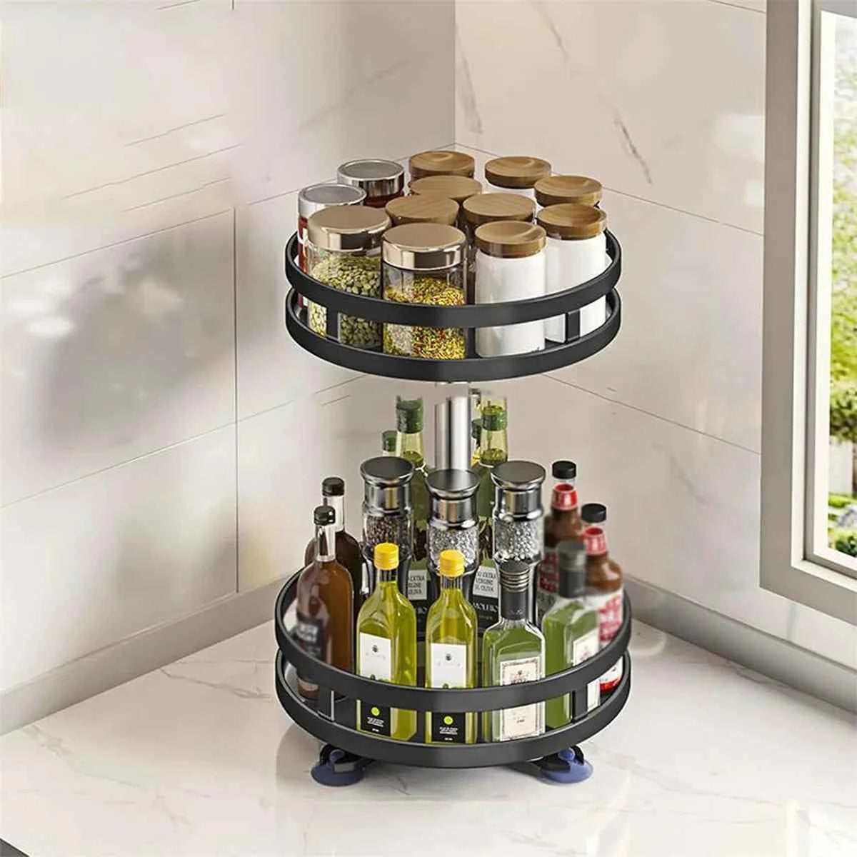360° Rotating Spice Rack Organizer - Non-Skid Carbon Steel Seasoning & Jar Storage Tray - Hom Haven