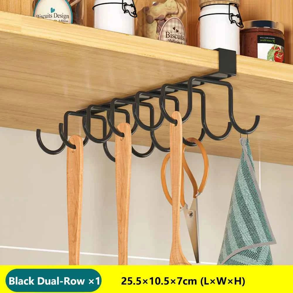 Under Cabinet Kitchen Hanging Organizer Rack with Hooks - Paper Towel, Cutting Board & Pot Lid Holder - Hom Haven