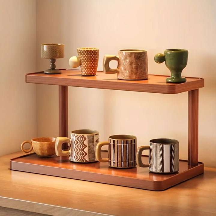 Versatile 2-Tier Wooden Storage Rack for Kitchen & Tea Room - Countertop Organizer with Decorative Handles, Ideal for Spices