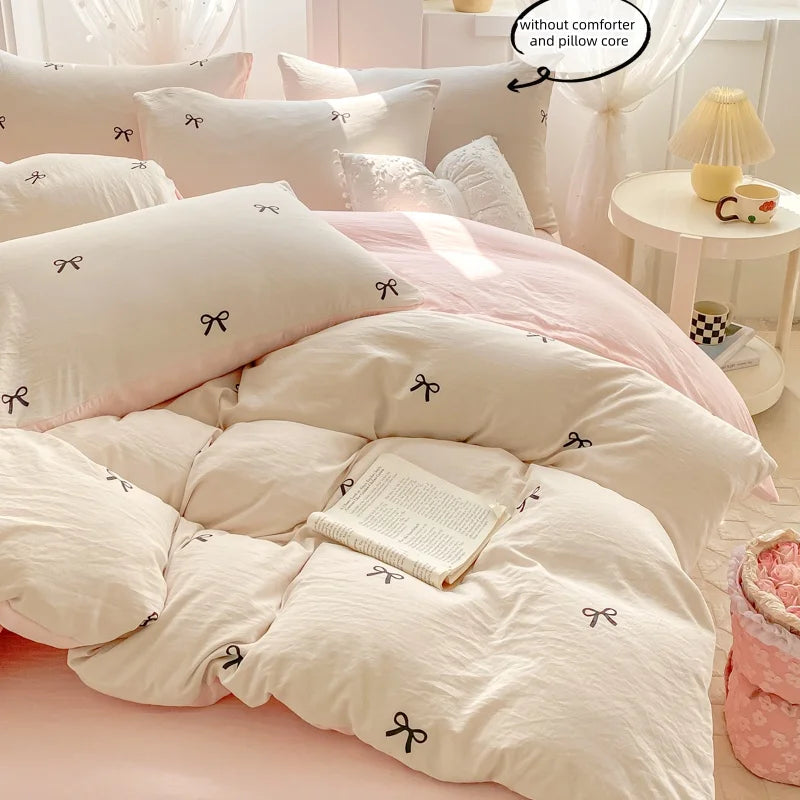 3 Piece Sheet Set  pink bowknot embroidery duvet cover Set ， comfortable Bedding Set Bedspread for All Season