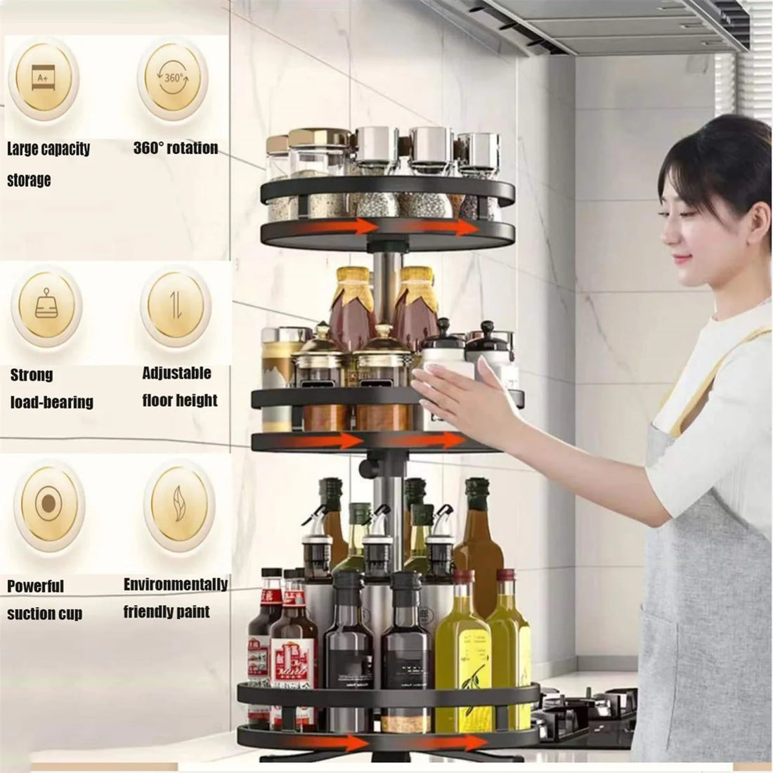 360° Rotating Spice Rack Organizer - Non-Skid Carbon Steel Seasoning & Jar Storage Tray