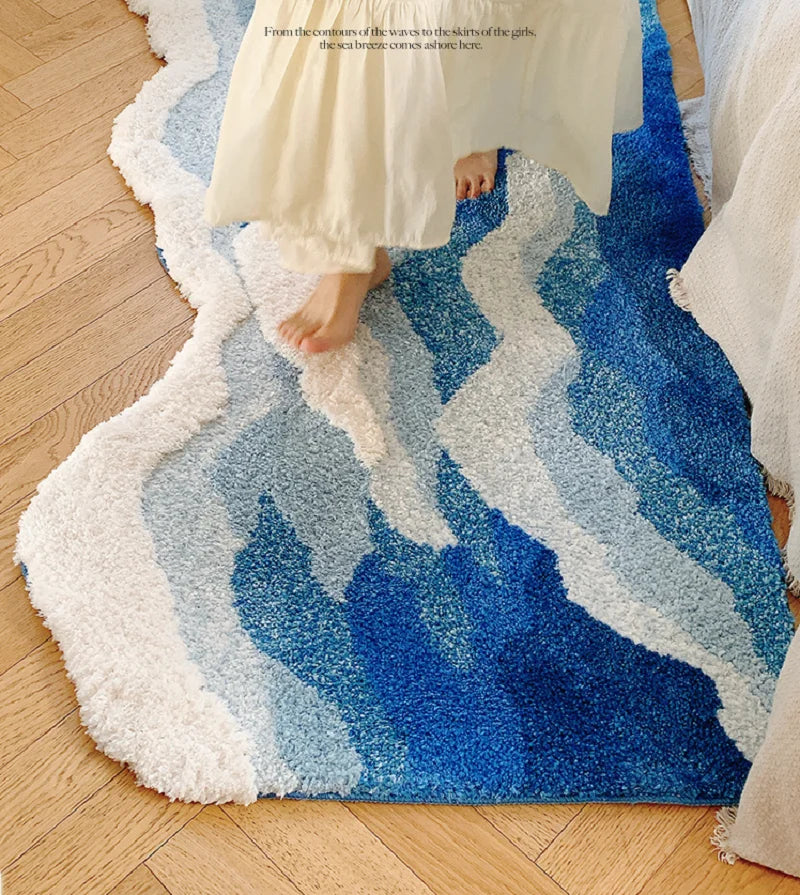 Blue Sea Pattern Tufted Rug - Japanese Style Flocking Carpet Anti-Slip Aesthetic Doormat