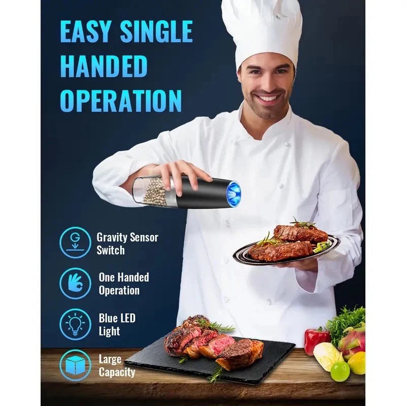 Gravity Electric Salt & Pepper Grinder Auto Tilt, Adjustable Coarseness (Battery Powered)