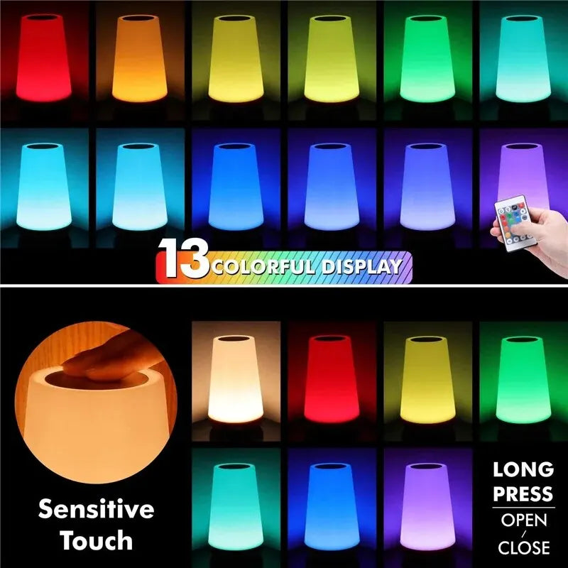 13-Color Changing RGB Night Light - Remote Control Touch USB Rechargeable Dimmable Bedside Table Lamp - Hom Haven