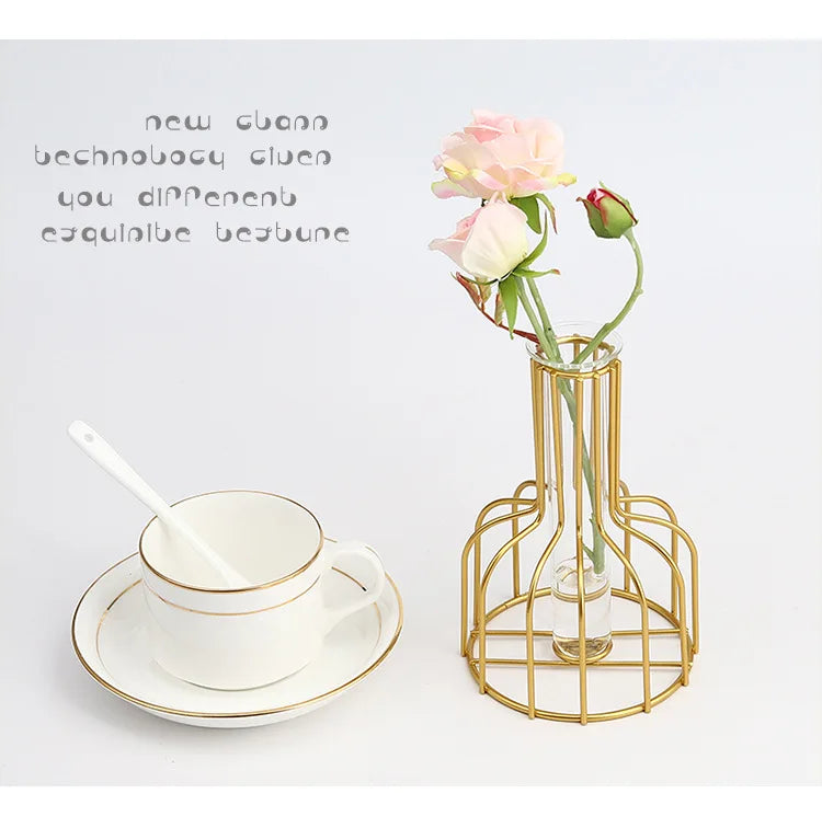 Nordic Iron Golden Hydroponic Vase - Living Room Table Top Decoration for Dried Flowers & Green Plants - Hom Haven