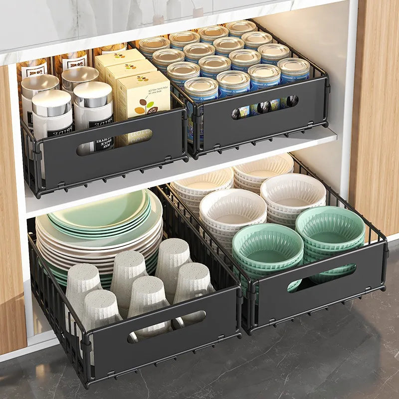 Pull-Out Cabinet Storage Rack - Metal Kitchen Seasoning & Bathroom Deep Cabinet Organizer Basket