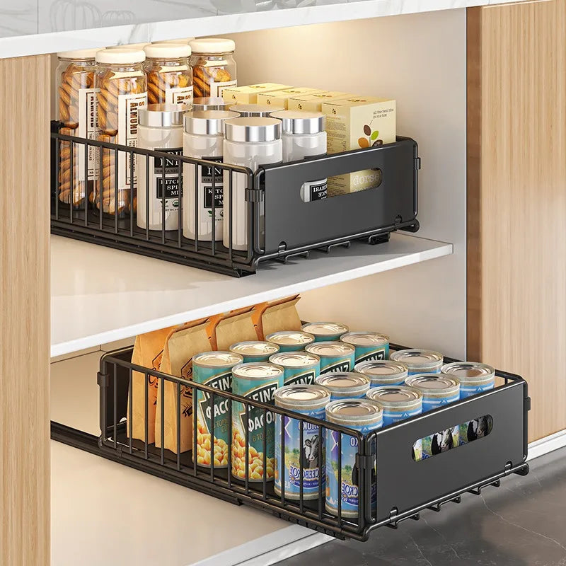 Pull-Out Cabinet Storage Rack - Metal Kitchen Seasoning & Bathroom Deep Cabinet Organizer Basket