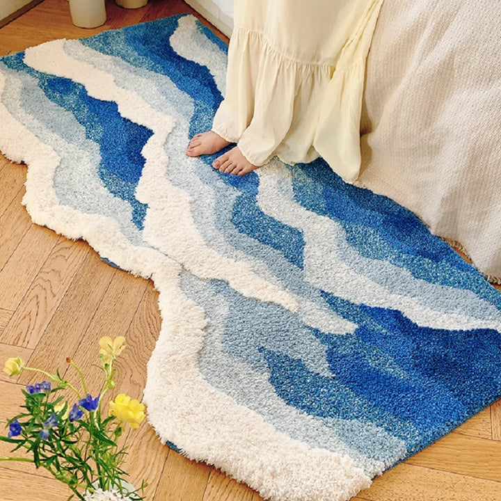 Blue Sea Pattern Tufted Rug - Japanese Style Flocking Carpet Anti-Slip Aesthetic Doormat