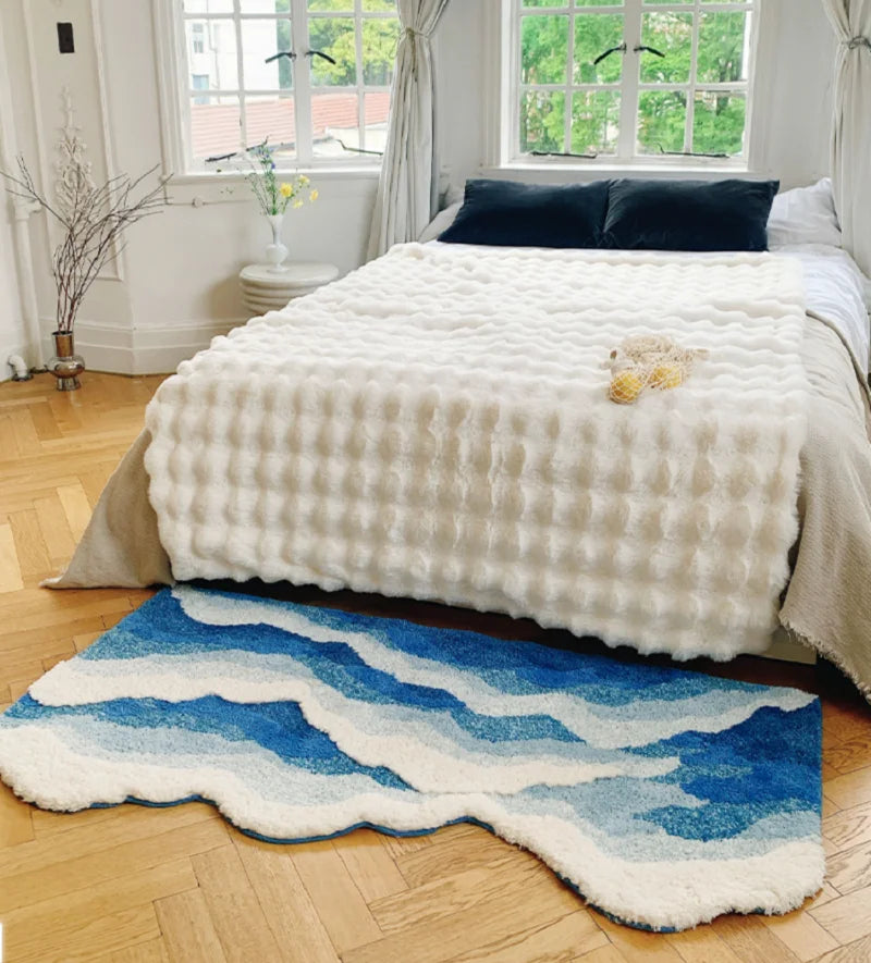 Blue Sea Pattern Tufted Rug - Japanese Style Flocking Carpet Anti-Slip Aesthetic Doormat