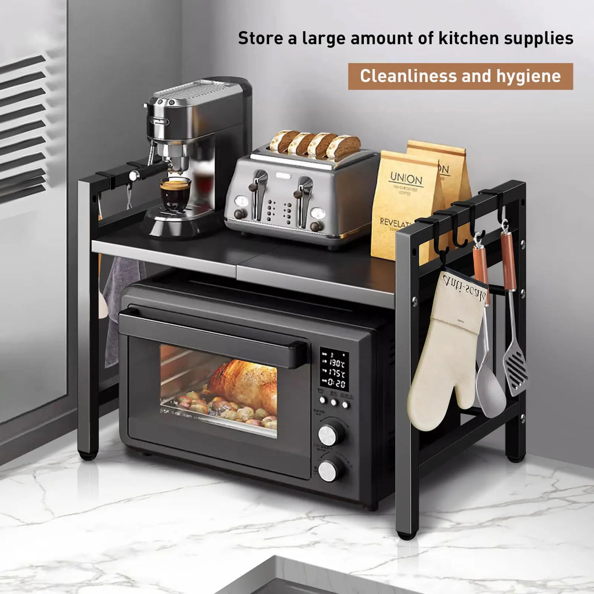 Expandable Microwave Shelf Organizer (42-64cm) - Moisture & Rust Proof Countertop Storage Rack - Hom Haven
