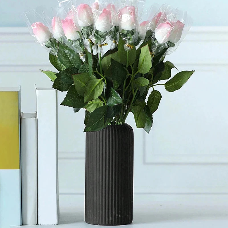 Striped Ceramic-Like Plastic Vase - Creative Decorative Flower Vase for Floral Arrangements & Home Decor - Hom Haven