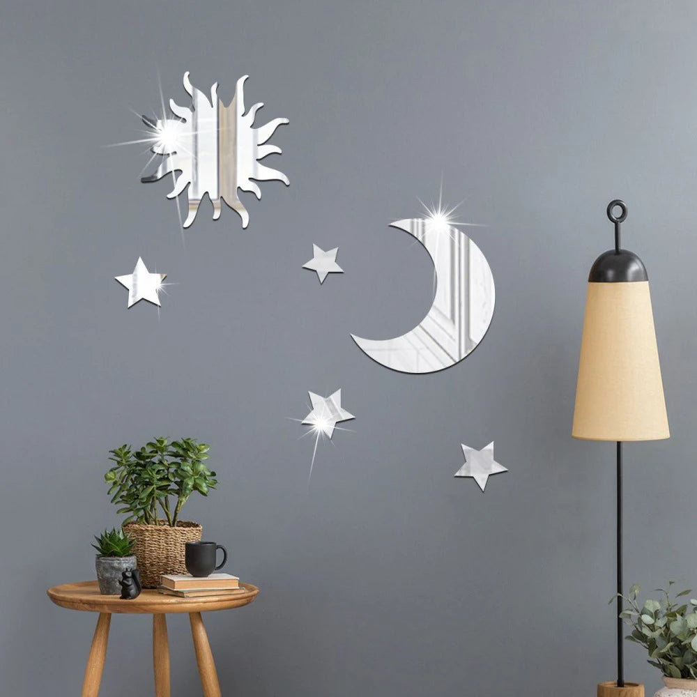 6-Piece Star & Moon Combination Mirror Wall Stickers - Acrylic 3D Self-Adhesive DIY Bedroom & Living Room Decor