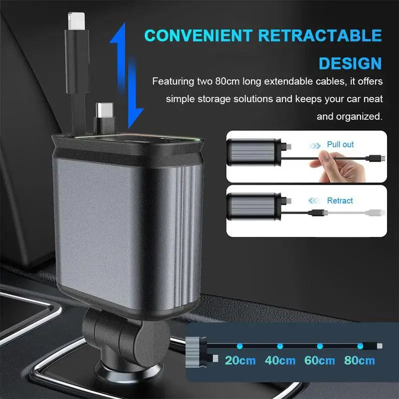 4-in-1 Retractable Car Charger with Starry Sky LED Spotlight