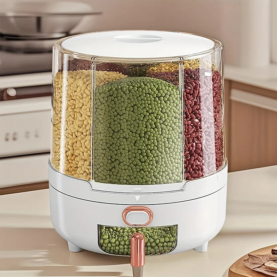 6-Compartment 360° Rotating Airtight Food Storage Container - Moisture-Proof Pantry Organizer for Cereal, Candy & Rice