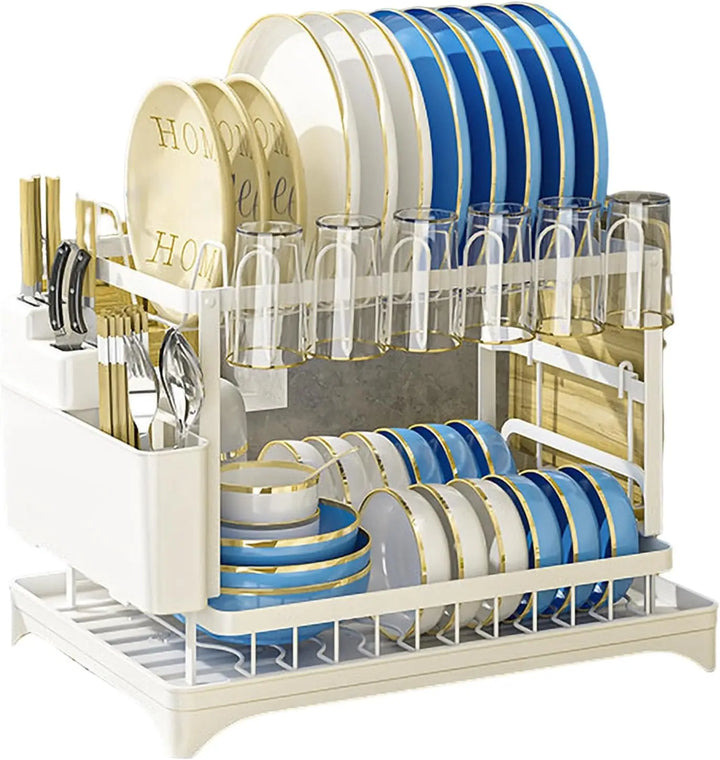 2-Tier Kitchen Dish Drying Rack with Drip Tray - Countertop Metal Dish Drainer