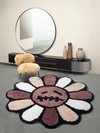 Smiling Face Tufted Round Rug - Retro Rainbow Flower Art Rug for Bedroom, Bathroom & Living Room - Hom Haven