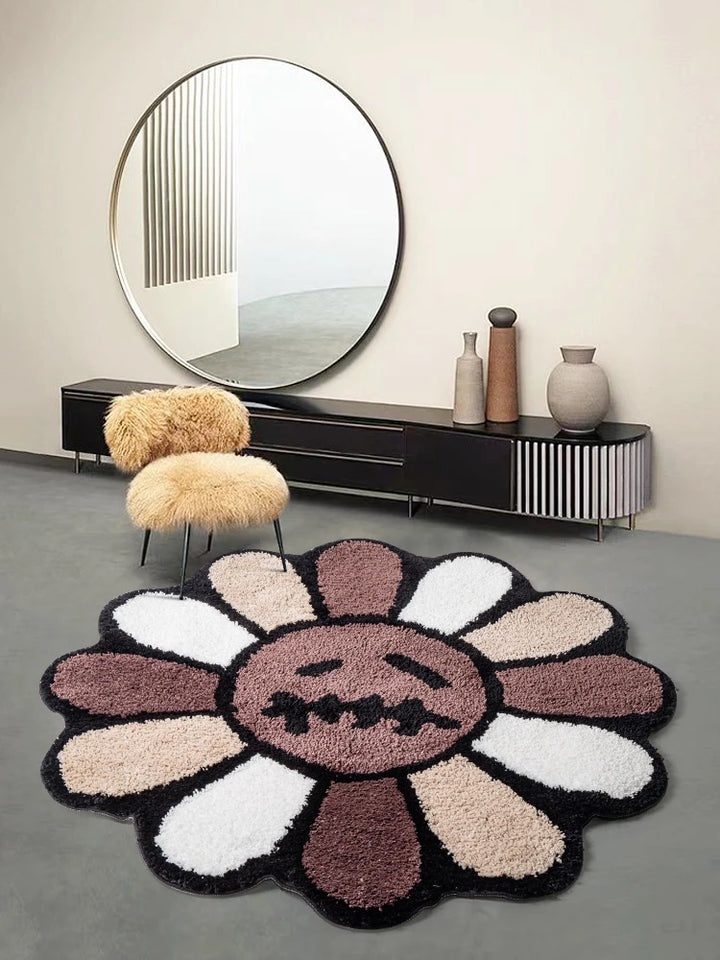 Smiling Face Tufted Round Rug - Retro Rainbow Flower Art Rug for Bedroom, Bathroom & Living Room