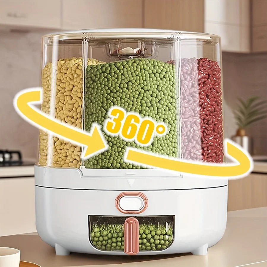 6-Compartment 360° Rotating Airtight Food Storage Container - Moisture-Proof Pantry Organizer for Cereal, Candy & Rice