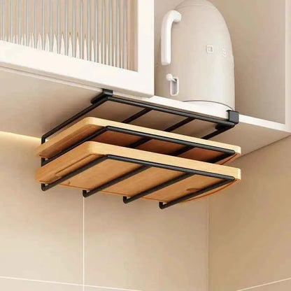 Under Cabinet Kitchen Hanging Organizer Rack with Hooks - Paper Towel, Cutting Board & Pot Lid Holder - Hom Haven