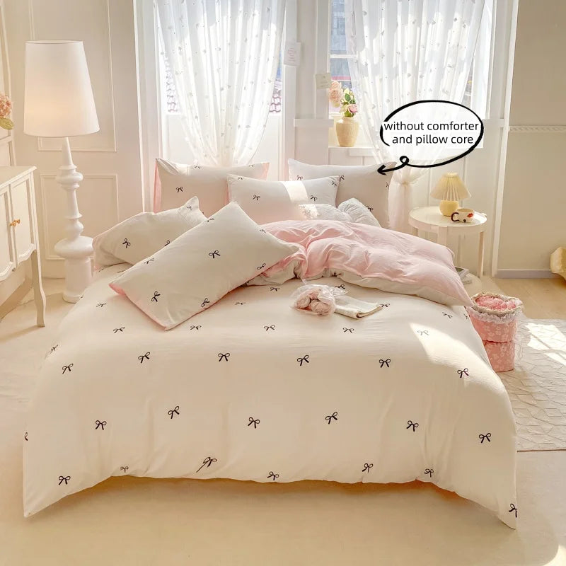 3 Piece Sheet Set  pink bowknot embroidery duvet cover Set ， comfortable Bedding Set Bedspread for All Season