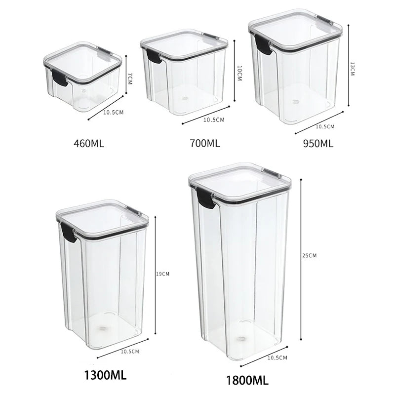 5-Piece Transparent Sealed Storage Jar Set - Stackable Airtight Kitchen Organizer for Dried Goods & Multigrain (700ml-1800ml)